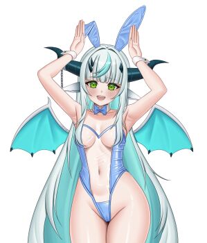 1girl animal_ears aqua_hair armpits arms_up bare_hips blue_bow blue_bowtie blue_leotard bow bowtie breasts cameltoe collar collarbone colored_inner_hair cowboy_shot detached_collar dot_nose dragon_girl dragon_horns dragon_wings eiwy_fley embarrassed eyebrows_hidden_by_hair eyelashes fake_animal_ears female_focus green_eyes grey_hair highleg highleg_leotard horns indie_virtual_youtuber leotard long_hair looking_at_viewer medium_breasts multicolored_hair multicolored_leotard nagamma nervous nervous_smile open_mouth playboy_bunny rabbit_ears rabbit_pose simple_background smile solo standing transparent two-tone_hair two-tone_leotard very_long_hair virtual_youtuber white_background white_collar white_leotard wide_hips wings wrist_cuffs