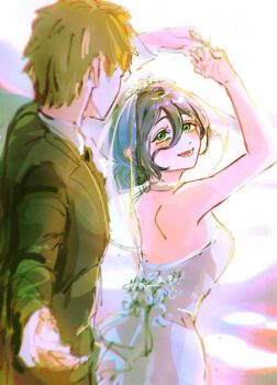 1boy 1girl black_jacket blonde_hair blush breasts bridal_veil chainsaw_man choker collared_shirt couple dancing denji_(chainsaw_man) dress green_eyes hair_between_eyes hair_bun hanagumorimoa hetero holding_hands husband_and_wife jacket looking_at_another medium_breasts medium_hair open_mouth purple_hair reze_(chainsaw_man) shirt short_hair sketch smile suit_jacket updo upper_body veil wedding wedding_dress white_choker white_dress white_shirt