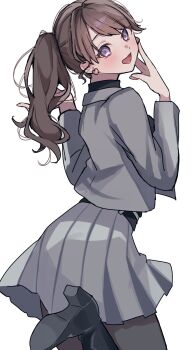 Rule 34 | 1girl, :d, black boots, black pantyhose, black sweater, boots, brown hair, cowboy shot, earrings, from behind, fujishima megumi, fujishima megumi (post-graduation), grey jacket, grey skirt, hand on own cheek, hand on own face, heart, heart earrings, high heel boots, high heels, highres, jacket, jewelry, leg up, lilac (li lac 3), link! like! love live!, long hair, long sleeves, looking at viewer, looking back, love live!, miniskirt, official alternate costume, open clothes, open jacket, open mouth, pantyhose, pleated skirt, ponytail, purple eyes, skirt, smile, solo, stud earrings, suit jacket, sweater, turtleneck, turtleneck sweater, virtual youtuber