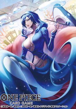 1girl blue_eyes blue_nails breasts bubble cleavage commentary_request copyright_name coral hair_over_one_eye highres holding holding_smoking_pipe hood koushi_rokushiro long_sleeves looking_at_viewer madame_shirley mermaid monster_girl navel official_art one_piece one_piece_card_game parted_lips red_lips shark short_hair sitting smoke smoking_pipe solo