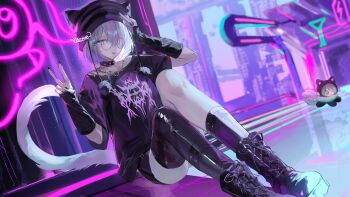 Rule 34 | 1girl, :p, absurdres, animal ears, arm warmers, beanie, black arm warmers, black boots, black hat, black shirt, black socks, black thighhighs, blue eyes, boots, cat ears, cat girl, cat tail, collar, commission, final fantasy, final fantasy xiv, glasses, grey hair, hat, highres, jewelry, kneehighs, looking at viewer, miqo'te, necklace, on floor, round eyewear, shikina (mochigushi ), shirt, short hair, short sleeves, signature, single kneehigh, single sock, single thighhigh, sitting, skeb commission, socks, solo, spiked collar, spikes, striped hat, t-shirt, tail, thighhighs, tongue, tongue out, v, warrior of light (ff14)