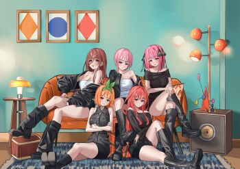 Rule 34 | 5girls, absurdres, alternate costume, bare arms, bare shoulders, black boots, black jacket, black ribbon, black shirt, black skirt, blue eyes, blush, boots, bow hairband, breasts, brown hair, cleavage, closed mouth, collared shirt, commentary request, commission, crossed arms, crossed legs, go-toubun no hanayome, green hairband, grin, hair between eyes, hair ribbon, hairband, highres, jacket, knee boots, large breasts, leather, leather jacket, long hair, multiple girls, nakano ichika, nakano itsuki, nakano miku, nakano nino, nakano yotsuba, open clothes, open jacket, open mouth, orange hair, partial commentary, pencil skirt, pink hair, pixiv commission, red hair, ribbon, shirt, short hair, sidelocks, single bare shoulder, sitting, skirt, sleeveless, sleeveless shirt, smile, strapless, strapless shirt, uyufuzi s, white shirt