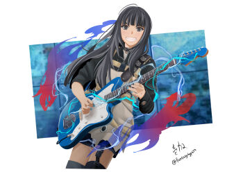 1girl black_choker black_eyes black_hair black_shirt black_shorts blue_nails blush choker clenched_teeth commentary_request electric_guitar fantasy6gp677 fender_jazzmaster girls_band_cry guitar guitar_strap highres holding holding_plectrum instrument kawaragi_momoka long_hair mole mole_under_eye music nail_polish open_mouth playing_guitar playing_instrument plectrum real_life shirt shorts solo teeth voice_actor voice_actor_connection yuri_(voice_actor)