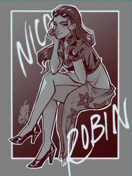 1girl 2024 artist_name character_name commentary cropped_jacket crossed_legs eyewear_on_head full_body greyscale hair_slicked_back head_rest high_heels highres jacket long_hair monochrome nebula-inky nico_robin nico_robin_(return_to_sabaody) official_alternate_costume one_piece partially_unzipped sarong short-sleeved_jacket short_sleeves sitting smile solo sunglasses_on_head zipper