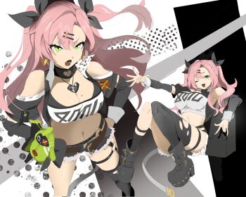 1girl absurdres amillion_(zenless_zone_zero) bangboo_(zenless_zone_zero) bare_shoulders black_boots black_ribbon black_shorts black_thighhighs boots breasts cleavage clothing_cutout commentary_request cowboy_shot crop_top cutoffs dotted_background earrings full_body fur-trimmed_shorts fur_trim green_hair hair_ornament hairclip hands_on_own_hips heart heart_earrings heart_necklace highres jewelry large_breasts long_hair looking_ahead looking_at_viewer micro_shorts midriff mole mole_on_breast mole_under_eye multicolored_nails multiple_views navel necklace nicole_demara one_eye_closed open_mouth outstretched_arm pink_hair ribbon rinaka shorts shoulder_cutout single_thighhigh sitting strapless stuffed_toy suitcase thighhighs torn_clothes torn_thighhighs tube_top two_side_up v-shaped_eyebrows white_background white_tube_top zenless_zone_zero