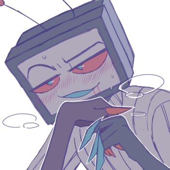 2boys alastor_(hazbin_hotel) blood blood_from_mouth blue_pupils blush chinese_commentary commentary_request flat_screen_tv hand_up hazbin_hotel hellaverse looking_at_viewer multiple_boys no_humans raised_eyebrow red_eyes shirt simple_background sketch television vox_(hazbin_hotel) white_background white_shirt wr-winter yaoi