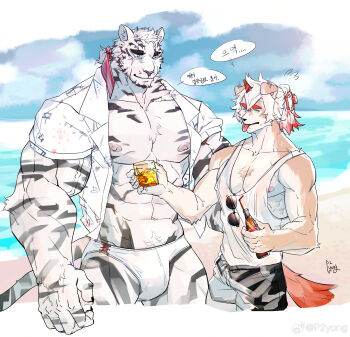 2boys :p abs arknights bara beach bulge closed_eyes cup drink furry furry_male highres holding holding_cup holding_drink horns hung_(arknights) korean_commentary korean_text looking_at_another male_focus male_underwear mountain_(arknights) multiple_boys mythological_creature ocean outdoors pectorals ppyong shirt single_horn sleeveless sleeveless_shirt striped sunglasses tiger_boy tongue tongue_out translation_request underwear white_shirt