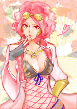 afro breasts brown_eyes cleavage coat curly_hair eyelashes finger_to_mouth fingernails fishnet_leotard fishnets heart koshoushou leotard lips lipstick makeup nail_polish pink_hair pink_nails sengoku_musou thighhighs