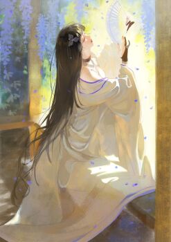 Rule 34 | 1girl, absurdres, bare shoulders, black choker, black gloves, black hair, blue flower, character request, chinese commentary, choker, commentary request, falling petals, flower, from side, gloves, hair ornament, half-closed eyes, hand fan, highres, holding, holding fan, japanese clothes, kimono, kneeling, lace-trimmed choker, lace trim, long hair, long sleeves, luori dianxin, outdoors, parted lips, partially fingerless gloves, path to nowhere, petals, profile, purple lips, shadow, solo, straight hair, very long hair, white kimono, wide sleeves