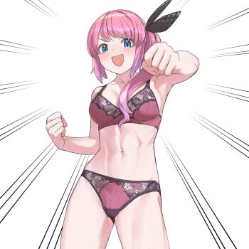 1girl black_bow black_ribbon blue_eyes blush bow bow_panties bra breasts clenched_hands collarbone commentary gradient_hair hair_ribbon highres kuramochi_meruto long_hair looking_at_viewer miyako_(naotsugu) multicolored_hair navel nijisanji notice_lines open_mouth panties pink_bra pink_hair pink_panties ribbon side_ponytail simple_background smile solo stomach thighs two-tone_hair underwear underwear_only v-shaped_eyebrows virtual_youtuber white_background