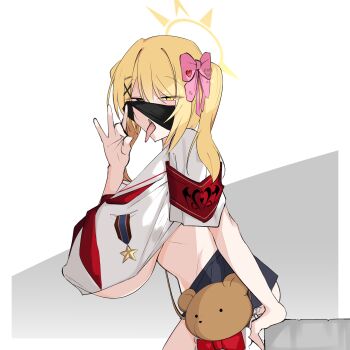 1girl absurdres aged_up armband ascot ass black_mask black_skirt blonde_hair blue_archive blush breasts covered_erect_nipples crop_top face_mask fellatio_gesture hair_between_eyes hair_ribbon halo hanging_breasts highres huge_breasts ibuki_(blue_archive) jahe_(73732258) leaning_forward leaning_on_object looking_at_viewer mask mask_lift medal open_mouth pink_ribbon red_ascot ribbon seductive_gaze shirt shirt_pocket sidelocks skirt solo stuffed_animal stuffed_toy teddy_bear thighs tongue tongue_out twintails underboob white_shirt yellow_eyes yellow_halo