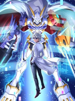 Rule 34 | 1boy, arm blade, arm cannon, blue eyes, blue pants, cape, coat, commentary request, digimon, digimon card game, digimon liberator, full body, grey hair, hands in pockets, highres, holographic interface, mecha, omegamon, omegamon x-antibody, pants, red cape, robot, short hair, sunglasses, sword, tygmac05, weapon, white cape, white coat