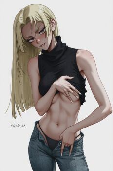 Rule 34 | 1girl, ai-assisted, biting own lip, black panties, blonde hair, breasts, brown eyes, clothes lift, commentary, contrapposto, cowboy shot, denim, highres, jeans, jujutsu kaisen, looking at viewer, medium breasts, open fly, open pants, panties, pants, parted hair, prixmal, shirt lift, simple background, sleeveless, sleeveless turtleneck, solo, tsukumo yuki (jujutsu kaisen), turtleneck, underwear, white background