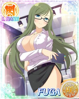 1girl arms_under_breasts black_skirt blue_eyes border breasts card_(medium) character_name cleavage closed_mouth english_text fuga_(senran_kagura) game_cg green_hair holding holding_notebook indoors large_breasts light_blush long_hair looking_at_viewer mole mole_under_eye notebook office_lady official_alternate_costume official_art open_clothes open_shirt partially_unbuttoned pencil_skirt senran_kagura senran_kagura_new_wave shirt side_slit skirt smile solo swept_bangs white_shirt