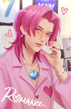 1boy artbytamag0 bracelet character_name collared_shirt commentary earrings heart heart_pendant highres jewelry kpop_demon_hunters looking_at_viewer male_focus medium_hair pink_eyes pink_hair pink_lips pink_nails pink_shirt ring romance_(kpop_demon_hunters) shirt solo