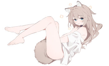 1girl animal_ears barefoot between_legs black_choker blue_eyes bottomless choker dog_ears dog_girl dog_tail from_side full_body grey_hair highres long_hair looking_at_viewer naked_shirt off_shoulder original riya_(01214) shirt short_sleeves solo tail tail_between_legs white_shirt