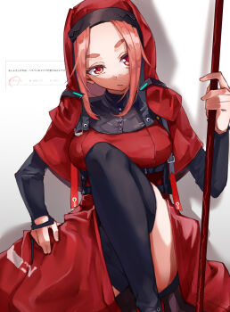 Rule 34 | 1girl, :/, black shorts, black sleeves, black thighhighs, breasts, capelet, closed mouth, commentary request, dress, fan request, frown, hand on own hip, heaven burns red, highres, holding, holding polearm, holding weapon, kisaragi yayoi (ksrg yayoi), knee up, large breasts, long sleeves, looking at viewer, maria de angelis, medium hair, nun, orange hair, parted bangs, polearm, red capelet, red dress, red eyes, red veil, request inset, shadow, shorts, simple background, sitting, solo, thick eyebrows, thighhighs, thighs, veil, weapon, white background