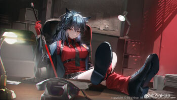 1girl absurdres animal_ears arknights ashtray belt black_belt black_hair black_jacket black_nails black_shoes black_shorts bulletin_board cabinet chair cigarette coffee_mug commentary copyright_notice corded_phone cup desk desk_lamp fek_zin file_cabinet gloves highres holding holding_sword holding_weapon indoors jacket lamp legs_on_table legs_up long_hair map mug necktie official_alternate_costume paper paper_stack phone red_eyes red_gloves red_shirt red_socks shirt shoes shorts sitting smoke socks solo sword texas_(arknights) texas_(willpower)_(arknights) thigh_strap twitter_username untranslatable_commentary watermark weapon weibo_watermark wolf_ears wolf_girl
