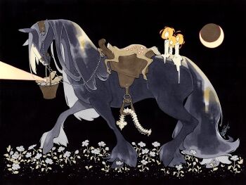 alternate_colored_grass animal animal_focus baby_animal black_background bone bridle brown_fur bucket candle candle_wax closed_eyes crescent_moon deer disembodied_head dullahan eye_beam fawn fire fleebites flower grey_flower grey_fur grey_hair grey_tail head_down headless holding holding_bucket holding_detached_head horse moon night orange_fire original reins saddle severed_head spine spot_color star_(symbol) star_in_eye stirrups_(riding) symbol-shaped_eyes symbol_in_eye