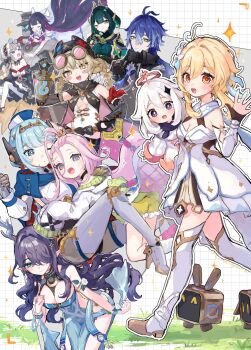 1boy 6+girls ahoge aino_(genshin_impact) android antenna_hair antlers bangs_pinned_back bare_shoulders black_coat black_gloves black_hair black_hat blonde_hair blue_dress blue_eyes blue_hair blush blush_stickers boots braid breasts cleavage closed_eyes closed_mouth coat columbina_(genshin_impact) commentary_request dress etmachigaeatx eyewear_on_head flins_(genshin_impact) flower genshin_impact gloves goggles green_eyes green_hair grid_background hair_between_eyes hair_flower hair_ornament hair_over_one_eye halo hat head_wings headdress headgear highres horns ineffa_(genshin_impact) jahoda_(genshin_impact) jewelry lauma_(genshin_impact) long_hair looking_at_another looking_at_viewer lumine_(genshin_impact) mechanical_arms mole mole_under_eye multicolored_hair multiple_girls nefer_(genshin_impact) one_eye_closed open_mouth outline paimon_(genshin_impact) pink_hair pointy_ears pulonia_(genshin_impact) purple_hair robot sandrone_(genshin_impact) screw_hair_ornament short_hair short_hair_with_long_locks single_mechanical_arm sleeves_past_fingers sleeves_past_wrists smile star-shaped_pupils star_(symbol) symbol-shaped_pupils thigh_boots tinted_eyewear twin_braids two-tone_hair very_long_hair walking waving white_boots white_coat white_dress white_hair white_headdress white_outline white_wings wings yellow_eyes
