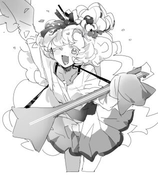 1girl ;d bad_id bad_twitter_id blush cookie_run cookie_run:_kingdom cropped_legs dress food-themed_hair_ornament greyscale guitar hair_ornament highres holding holding_guitar holding_instrument humanization idol idol_clothes inactive_account instrument long_hair long_sleeves monochrome nana_(ebitokanimiso) one_eye_closed open_mouth painttool_sai_(medium) parfait_cookie simple_background sketch smile solo updo white_background