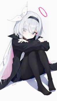 1girl absurdres ass black_choker black_coat black_eyes black_pantyhose black_serafuku black_skirt blue_archive braid choker coat colored_inner_hair commentary_request eyes_visible_through_hair feet full_body hair_over_one_eye hairband halo head_tilt highres legs long_hair long_sleeves looking_at_viewer mi_rong_abmiron multicolored_hair neckerchief open_clothes open_coat pantyhose parted_bangs plana_(blue_archive) pleated_skirt red_halo school_uniform serafuku sidelocks simple_background single_braid sitting skirt solo two-tone_hair white_background white_hair white_neckerchief