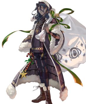 Rule 34 | 1boy, black hair, boots, candy, candy cane, dark-skinned male, dark skin, egawa akira, fire emblem, fire emblem engage, fire emblem heroes, food, green ribbon, hat, highres, holding, holding sack, key, long hair, looking at viewer, male focus, nintendo, non-web source, official art, ribbon, sack, santa costume, santa hat, solo, tachi-e, zelkov (fire emblem), zelkov (winter shadow) (fire emblem)