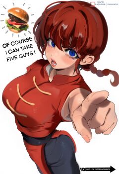 1girl black_pants blue_eyes blush braid braided_ponytail breasts commentary cowboy_shot dress english_commentary english_text highres lady_shin large_breasts paid_reward_available pants pointing pointing_at_viewer ranma-chan ranma_1/2 red_dress red_hair simple_background solo to_be_continued white_background
