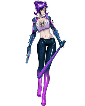 1girl absurdres amazing799pocke asymmetrical_dual_wielding baseball_bat black_pants blue_eyes boots breasts chest_tattoo cyberpunk_(series) cyberpunk_2077 cyborg double_bun dual_wielding full_body groin gun hair_behind_ear hair_bun handgun highres holding holding_baseball_bat holding_gun holding_weapon looking_to_the_side mechanical_arms medium_breasts pants purple_boots purple_hair rita_wheeler short_hair simple_background smile solo tattoo weapon white_background