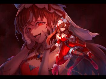 1girl animal_ears blush breasts brown_hair collarbone commentary full_body hair_ornament highres horse_ears horse_girl long_hair looking_at_viewer open_mouth oudo red_eyes simple_background small_breasts solo still_in_love_(scarlet_vow_raiment)_(umamusume) still_in_love_(umamusume) string string_of_fate thighhighs umamusume yandere_trance