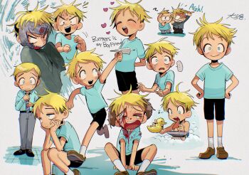 ... 2boys absurdres adjusting_clothes adjusting_necktie belt black_shorts blonde_hair blood blue_shirt butters_stotch cape child chromatic_aberration crying english_text formal_clothes headgear heart highres injury loafers looking_at_viewer male_focus messy_hair multiple_boys necktie open_mouth paper_airplane partially_submerged playing rubber_duck running shirt shirt_tucked_in shoes short_hair shorts shuriken sitting smile socks south_park spoken_ellipsis standing tairiku toy_boat tweek_tweak wavy_mouth weapon