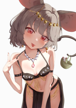 1girl :p absurdres animal_ears bare_shoulders black_bra blush bra breasts closed_mouth commentary_request commission dancer diamond_necklace earrings fingernails hand_up highres holding holding_with_tail jewelry leaning_forward loli looking_at_viewer mouse_ears mouse_girl mouse_tail navel nazrin pelvic_curtain prehensile_tail ramuneru red_eyes short_hair simple_background skeb_commission small_breasts solo strap_pull tail thighs tilted_head tongue tongue_out touhou underwear white_background