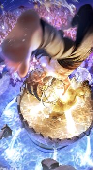 1boy barefoot black_hair black_pants blurry blurry_foreground closed_eyes colorful crowd depth_of_field fountain from_above grin handstand highres jamil_viper long_hair mau_sakura motion_blur pants smile solo_focus topless_male twisted_wonderland twitter_username upside-down water