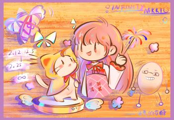 ahoge argyle_clothes argyle_dress bloom_poetry_(shining_nikki) border bow bowtie brown_eyes chinese_text cloak commission cross-laced_clothes cross-laced_dress dated dress ear_covers egg fang fantasticfangtang fireworks frilled_sleeves frills highres holding holding_fireworks hood hood_up hooded_cloak infinity_nikki infinity_symbol light_blush long_hair long_sleeves momo_(nikki) navel nikki_(nikki) nikki_(series) notice_lines open_mouth pinafore_dress pink_dress pink_hair purple_border red_bow red_bowtie shadow shining_nikki shirt sleeveless sleeveless_dress smile solid_oval_eyes sparkler stage star_(symbol) traditional_bowtie translation_request turtleneck turtleneck_shirt very_long_hair whimstar_(infinity_nikki) whiskers white_shirt yarn yellow_background yellow_cloak