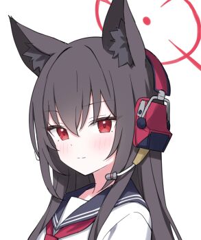 1girl absurdres animal_ear_fluff animal_ears black_hair black_sailor_collar blue_archive blush chinese_commentary closed_mouth commentary_request fox_ears fox_girl hair_between_eyes halo headset highres jyt long_hair looking_at_viewer making-of_available neckerchief partial_commentary portrait red_eyes red_halo red_neckerchief sailor_collar school_uniform serafuku shirt sidelocks simple_background smile solo split_mouth white_background white_shirt yukino_(blue_archive)