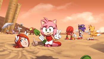 4girls amy_rose animal_ears blaze_the_cat broken_pillar child closed_eyes e-123_omega ears_through_headwear eyewear_on_head feather_hair_ornament feathers fox_ears fox_tail gloves green_eyes hair_ornament hat holding holding_shovel joeadok knuckles_the_echidna looking_at_viewer mephiles_the_dark multiple_girls multiple_tails outdoors partially_buried princess_elise_the_third red_hair robot rouge_the_bat sand seiza shadow shadow_the_hedgehog shovel silver_the_hedgehog sitting sonic_(series) sonic_the_hedgehog sonic_the_hedgehog_(2006) standing sun_hat sunglasses tail tails_(sonic) telekinesis thumbs_up two_tails white_gloves