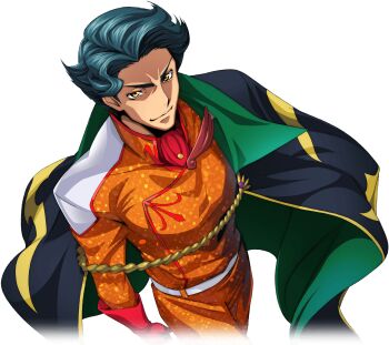 1boy arm_at_side ascot belt black_cape blue_hair cape closed_mouth code_geass code_geass:_lost_stories cowboy_shot f4samurai forehead from_above furrowed_brow game_cg gem gloves happy jacket jeremiah_gottwald lapel_pin long_sleeves looking_at_viewer male_focus military_uniform official_art orange_eyes orange_jacket orange_pants pants purple_gemstone red_gloves short_hair simple_background smile solo standing transparent_background v-shaped_eyebrows walking white_ascot