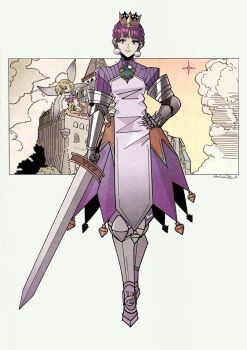 1girl armor armored_dress artist_name braid brooch commentary crown crown_braid dress earrings english_commentary fairy full_body gauntlets gradriel hand_on_own_hip herheim highres holding holding_sword holding_weapon huge_weapon jewelry looking_at_viewer princess_crown purple_hair sabaton short_hair smile sword weapon yellow_eyes