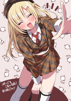 1boy :d ^_^ animal_background baby_animal bird blonde_hair blush brown_jacket brown_skirt brown_vest chick closed_eyes collared_shirt crossdressing crossdressing_(mtf) hair_ornament hairclip highres jacket kohaku_(riku) midriff navel necktie open_mouth original outstretched_hand plaid_clothes plaid_jacket plaid_skirt plaid_vest red_necktie riku_(melty_drop) shirt single_horizontal_stripe skirt smile solo thighhighs trap two_side_up vest white_shirt white_thighhighs