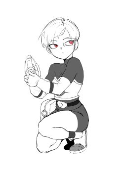 1girl armor backpack bag bodysuit breastplate breasts cheelai dragon_ball dragon_ball_super full_body gloves highres holding holding_weapon looking_to_the_side medium_breasts red_eyes scouter short_hair sitting solo weapon zequung zquung