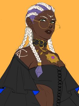 1girl bodypaint braid breasts dark-skinned_female dark_skin dolores_(kof) dress dxhird female_focus fredrick glasses gold green_eyes large_breasts long_hair looking_at_viewer multicolored_hair purple_hair round_eyewear the_king_of_fighters thick_lips two-tone_hair white_hair