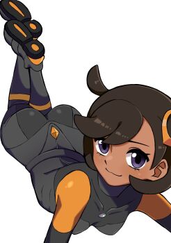 1girl :3 absurdres ass black_bodysuit black_hair black_shoes bodysuit breasts dark-skinned_female dark_skin emma_(pokemon) feet_up hair_ornament highres looking_at_viewer lying n_k_m nintendo on_stomach pokemon pokemon_legends:_z-a shoes short_hair simple_background small_breasts the_pose