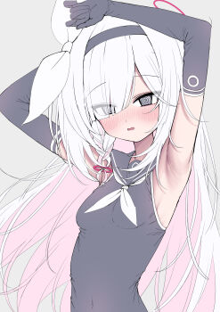 1girl @_@ absurdres alternate_costume armpits black_eyes black_gloves black_hairband black_sailor_collar black_shirt blue_archive blush braid breasts colored_inner_hair commentary covered_navel elbow_gloves eyes_visible_through_hair gloves hair_intakes hair_over_one_eye hairband highres long_hair metaljelly multicolored_hair neckerchief pink_hair plana_(blue_archive) presenting_armpit ribbon sailor_collar shirt single_braid sleeveless sleeveless_shirt small_breasts solo wavy_mouth white_background white_hair white_neckerchief white_ribbon