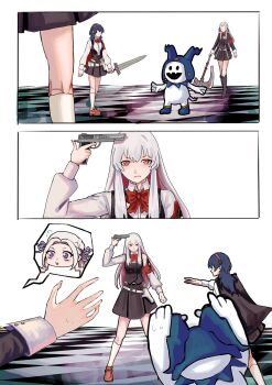 Rule 34 | 3girls, alternate costume, armband, axe, belt, black belt, black boots, black cape, black skirt, blue hair, boots, cape, collared shirt, commentary, crossover, edelgard von hresvelg, faceless, faceless female, female byleth (fire emblem), fire emblem, fire emblem: three houses, gun, hairband, handgun, highres, holding, holding axe, holding gun, holding sword, holding weapon, jack frost (megami tensei), knee boots, kneehighs, long hair, long sleeves, lysithea von ordelia, medium hair, multiple girls, nintendo, pink eyes, pink hairband, ponzuponta39, red armband, shin megami tensei, shin megami tensei iii: nocturne, shirt, skirt, socks, spoken character, sword, weapon, white hair, white shirt, white socks, you're doing it wrong