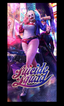 1girl armor baseball_bat batman_(series) beard belt blonde_hair blue_eyes boots bracelet car choker copyright_name dark_skin dc_comics dccu deadshot dyed_hair facial_hair gun harley_quinn high_heels highres hood hoodie jewelry killer_croc lipstick makeup motor_vehicle sequins shorts studded_belt suicide_squad twintails weapon