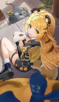 1girl absurdres animal_ear_fluff animal_ears black_shirt blonde_hair blue_shoes bow colored_inner_hair eating fang fingerless_gloves food from_above gloves green_eyes high-waist_shorts highres holding holding_food hu_wei_(zenless_zone_zero) jacket ju_fufu kinoyama_(0202) looking_to_the_side medallion multicolored_hair on_floor open_mouth orange_fur plant shirt shoes shorts sitting socks solo striped_fur striped_hair tail tail_bow tail_ornament thigh_strap tiger_ears tiger_girl tiger_stripes tiger_tail wariza white_socks yellow_jacket zenless_zone_zero