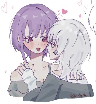2girls :3 artist_name bang_dream! bang_dream!_it&#039;s_mygo!!!!! blue_eyes blush bob_cut closed_mouth commentary_request cropped_shoulders embarrassed eye_contact face-to-face fanged_bangs furrowed_brow grey_shirt hand_on_another&#039;s_shoulder heart kaname_raana long_sleeves looking_at_another loving_aura mdin4k medium_hair multiple_girls nervous_sweating off-shoulder_shirt off_shoulder open_mouth paint_chat_(medium) profile purple_eyes purple_hair serious shirt shirt_under_shirt short_hair simple_background sleeves_past_wrists sweat twitter_username v-shaped_eyebrows white_background white_hair white_shirt wolf_cut yuri yuutenji_nyamu