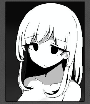 1girl :/ border closed_mouth collarbone greyscale hamsterfragment high_contrast jaggy_lines lowres monochrome nude original portrait solo shinohata_sachie_(hamsterfragment)