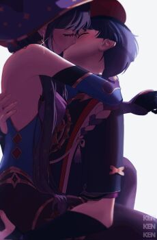 1boy 1girl arm_around_neck armor artist_name black_gloves black_hair black_kimono black_pantyhose black_sleeves blue_leotard blue_sleeves blunt_bangs blunt_ends blush bodystocking closed_eyes couple detached_sleeves earrings elbow_gloves eyelashes facing_another fingernails genshin_impact glint gloves gold gold_earrings gold_trim hair_over_shoulder hand_on_another's_back hat head_tilt hetero highleg highleg_leotard highres hug japanese_armor japanese_clothes jewelry juban kimono kiss kote kurokote layered_sleeves leotard long_hair mitsudomoe_(shape) mona_(genshin_impact) moriko_ken11 neck_ring open_clothes open_kimono pantyhose purple_sleeves red_kimono scaramouche_(genshin_impact) short_sleeves sidelocks star_(symbol) star_earrings star_print thighlet tomoe_(symbol) two-tone_sleeves white_background white_kimono witch_hat