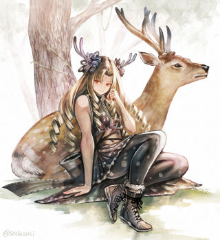 1girl animal antler_ornament antlers arm_support back_bow bare_arms black_bow black_dress black_pantyhose black_shoes blonde_hair bow commentary_request deer deer_girl dress grass hand_up highres horns long_hair looking_at_viewer on_ground orange_eyes original pantyhose parted_bangs polka_dot polka_dot_pantyhose ringlets shoes sitting sleeveless sleeveless_dress smile sushi_(sashimise) tree twitter_username white_background